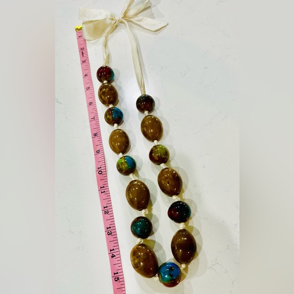 VTG Porcelain Ceramic Artist Glazed Beads Hand knotted Silk Statement Necklace - Picture 4 of 7